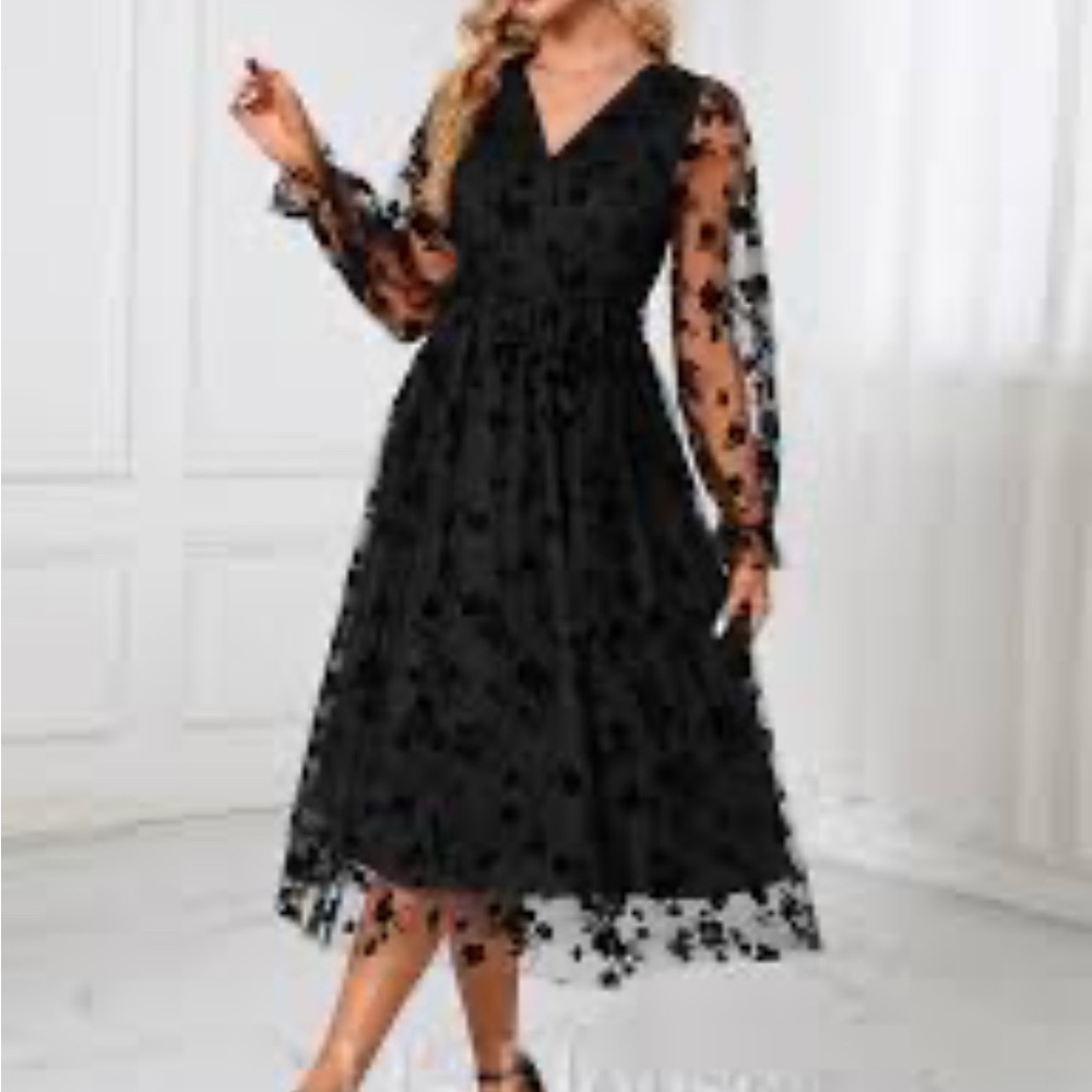 JJs House Medium V-Neck Long Sleeve A-line Jacquard Tulle Midi Dress  FREE SHIP - Picture 5 of 8